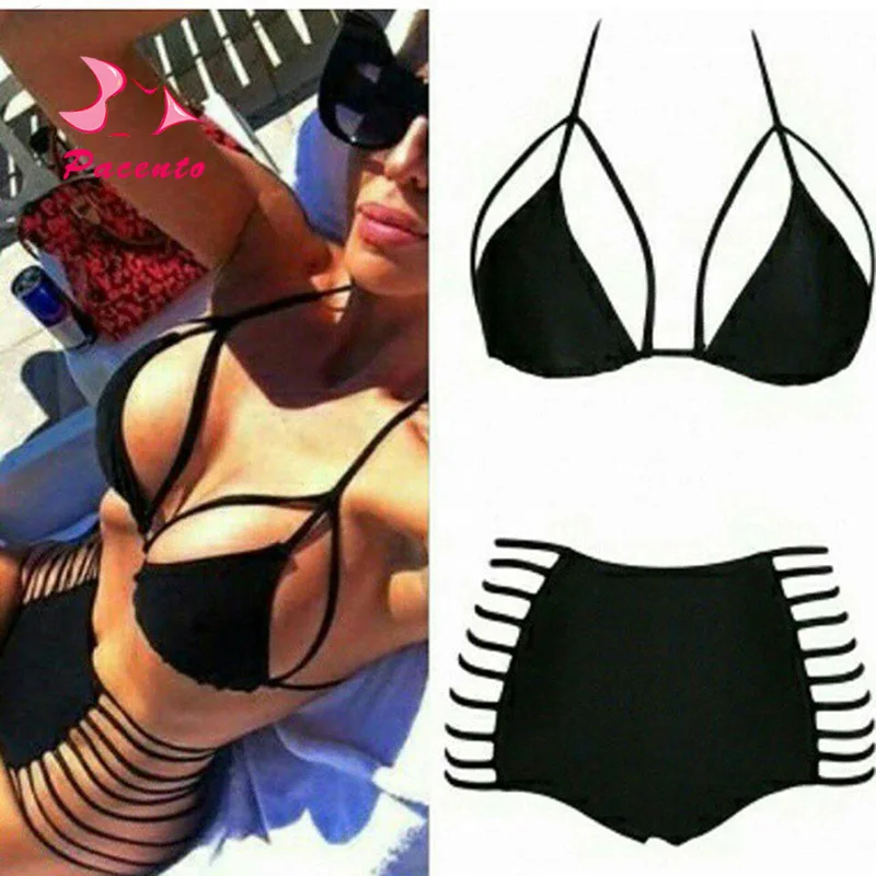 

PACENT 2018 Sexy High Waist Bikini Hollow Bottom Women's Swimsuit Bandeau Cross Strap Bathing Suit Women Swimwear Female Plavky