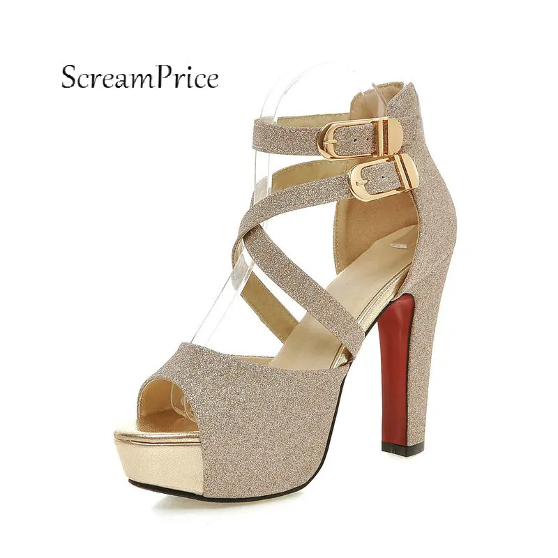

Women Platform Bling High Heel Sandals Fashion Peep Toe Dress Party Summer Shoes Buckle Strap Heels Silver Black Gold