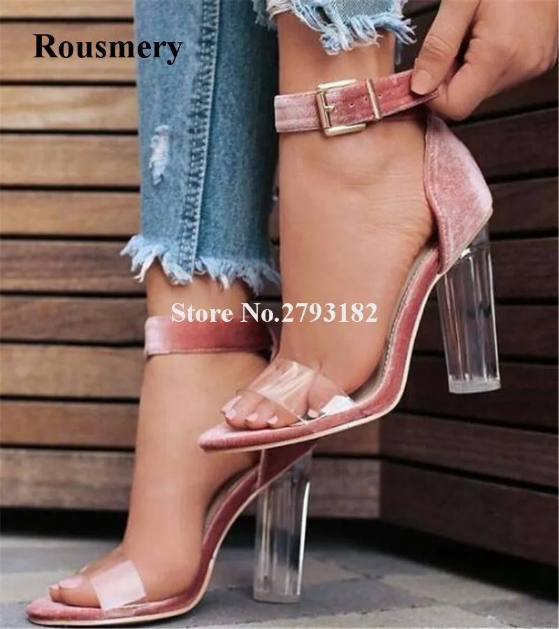 New Arrival Women Fashion Open Toe Satin Transparent Thick Heel Sandals
