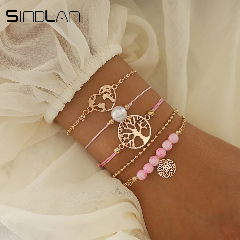 

Sindlan 5PCs Bohemia Life Tree Pink Natural Stone Bracelets Set Heart Map Pearl Charm Bracelets for Women Wrist Chain Jewelry