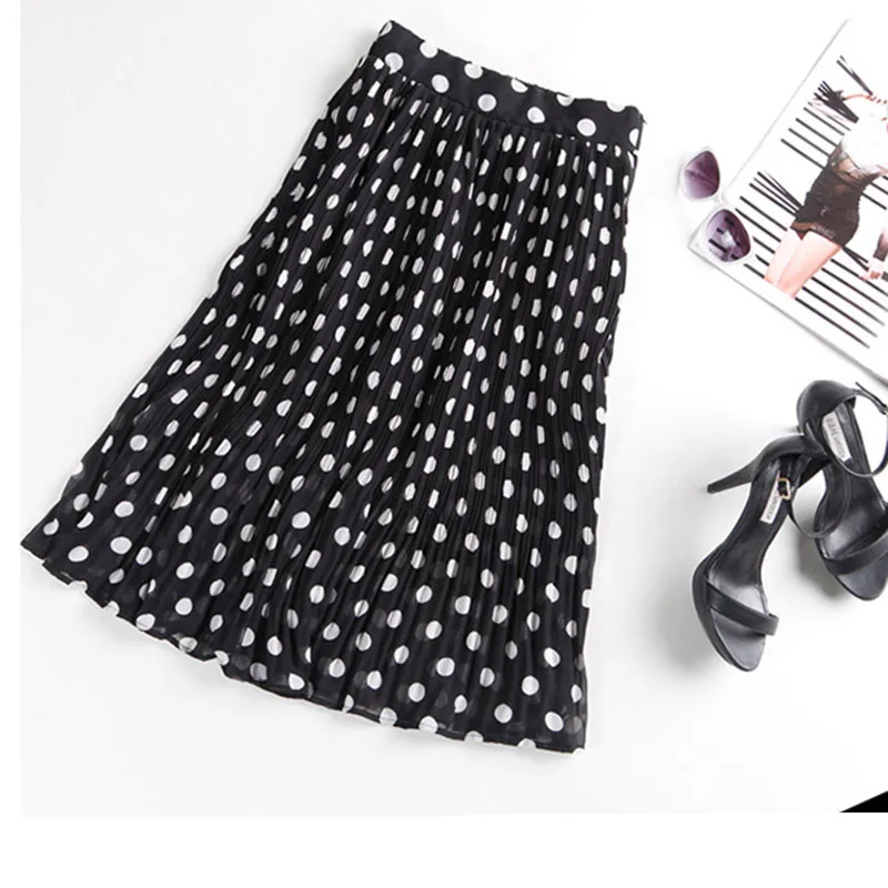 4XL 5XL Plus Size Pleated Chiffon Skirt For Woman 2019 Summer Elastic Waist Polka Dot Print Beach Skirts Femme Saia Midi
