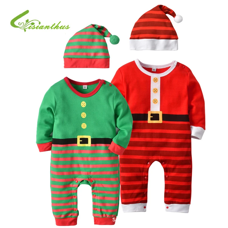 Рождественский хлопковый комбинезон для маленьких мальчиков и девочек+ шапочка, комплект из 2 предметов, комбинезон с длинными рукавами для новорожденных, новогодний комбинезон, Рождественский костюм Санты одежда для малышей