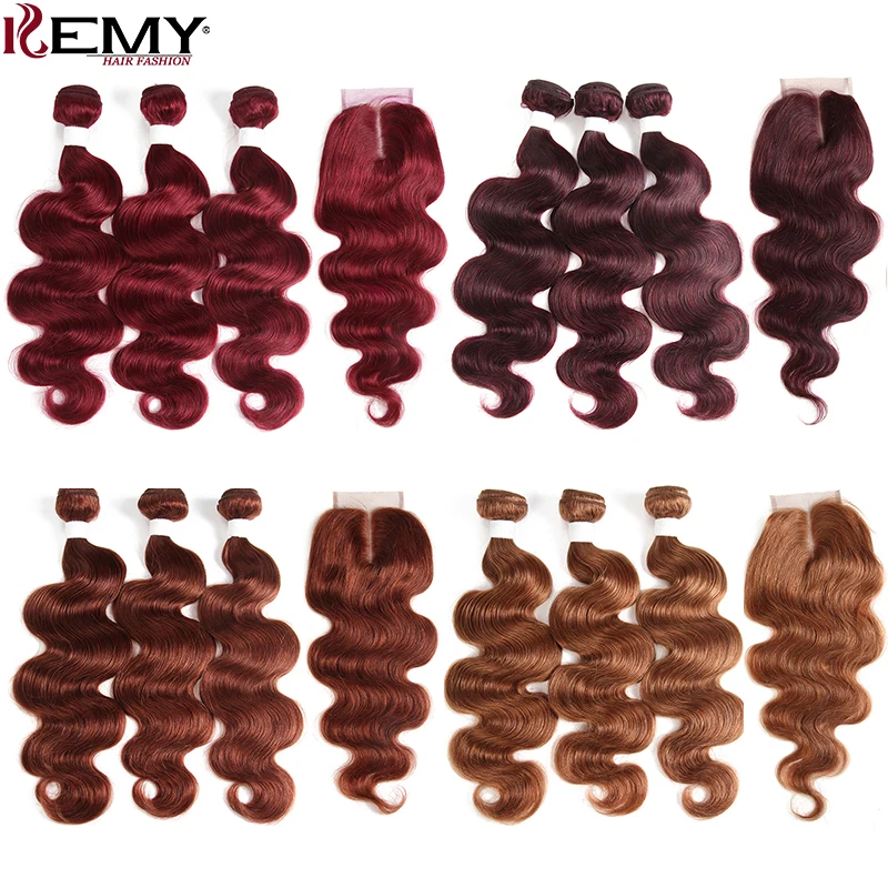 

99J/Burgundy Red Color Brazilian Body Wave Human Hair Bundles With Closure 4*4 KEMY HAIR 100% Remy Human Hair Weaves 3PCS