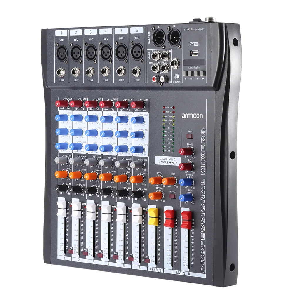 Микшерная консоль ammoon 60 USB 6 каналов микрофон аудио микшер 3 полосный EQ XLR вход 48 В