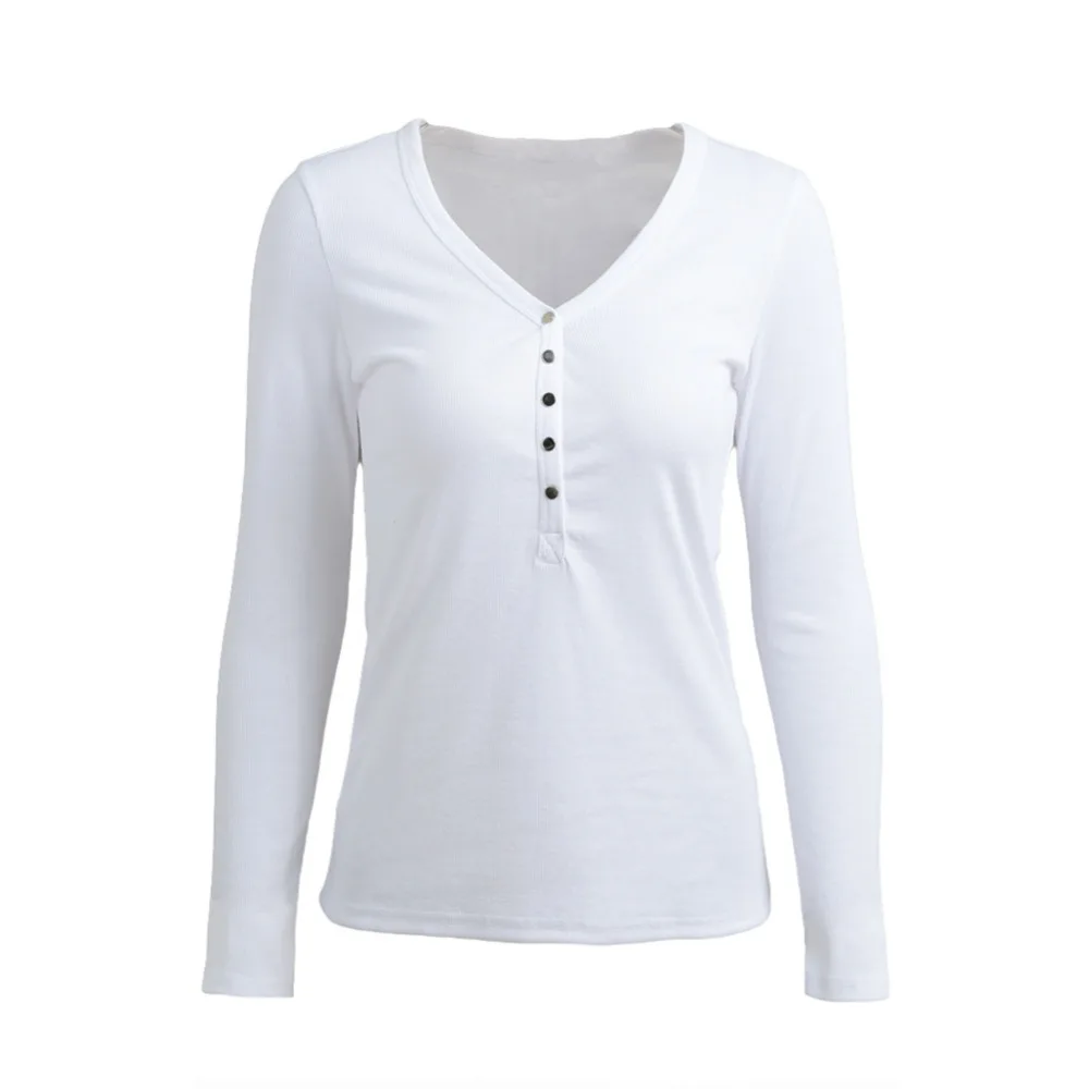 5XL плюс размер футболка Женская Глубокий v-образный вырез пуговицы длинный рукав футболка сплошной цвет тонкий сексуальный Повседневный Топ футболки женская брендовая рубашка