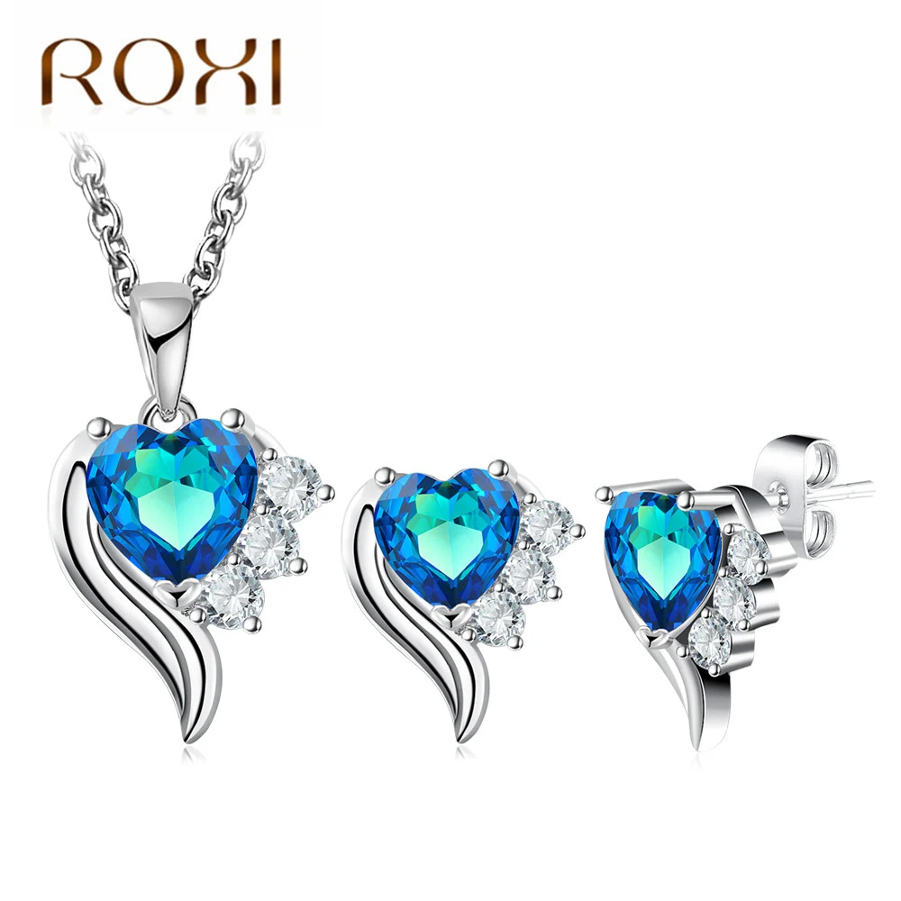 

ROXI Fashion Heart Of Ocean Jewelry Set White Gold Pendant Necklace Blue Heart Crystal Stud Earrings Charm Jewelry for Women