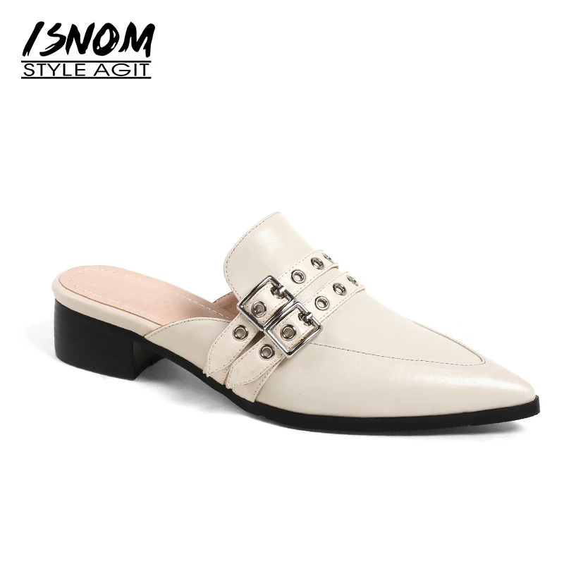

ISNOM Thick Heels Women Slippers Genuine Leather Pointed Toe Metal Decoration Slides Footwear 2018 New Summer Ladies Mules Shoes