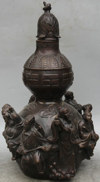 

JP S62 16" Chinese Bronze Folk Feng Shui Eight Immortals Calabash Statue Cucurbit Gourd