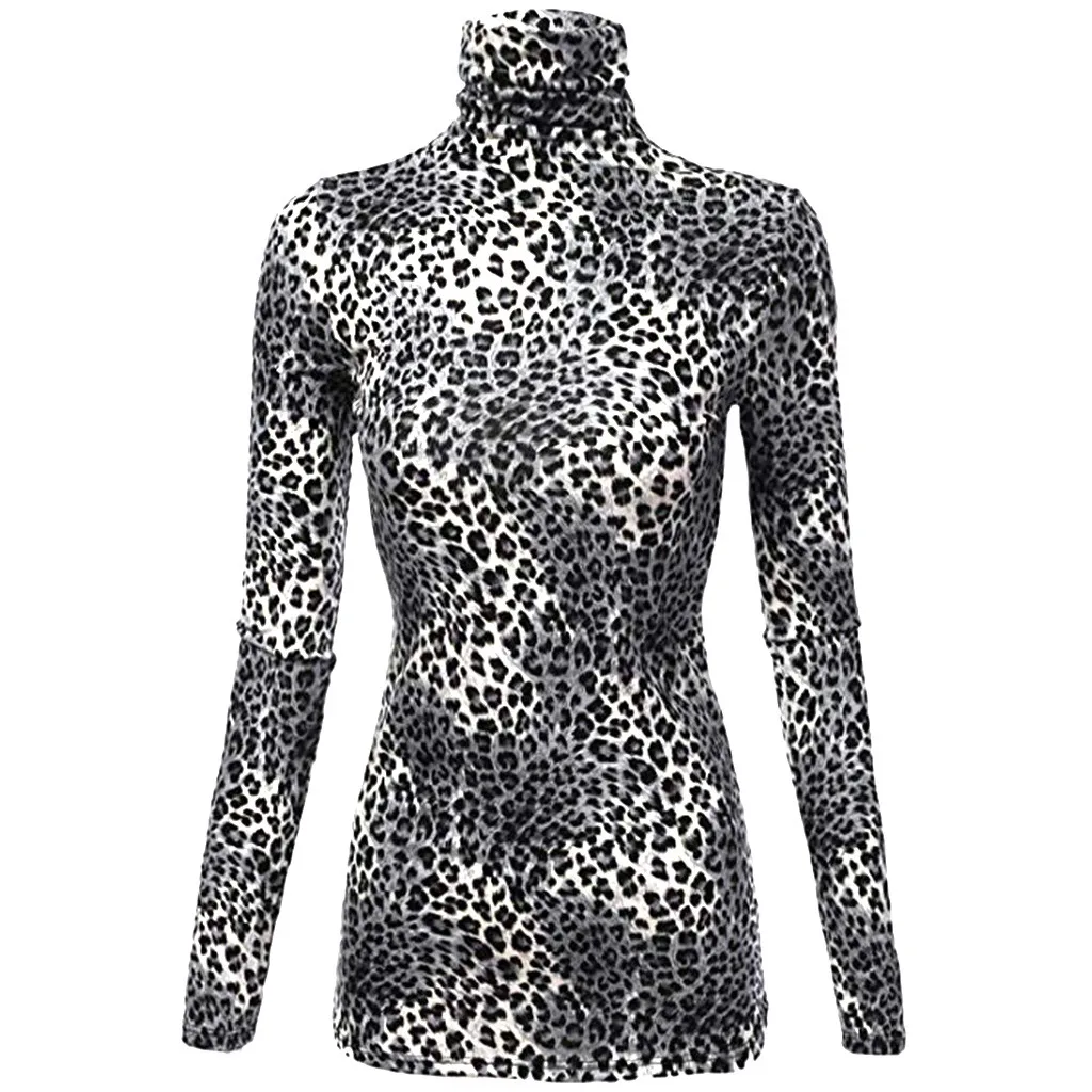 Clothing women's luxurious T shirt leopard print High Neck Pullover Long Sleeve Tee 2019 spring fall workwear Casual T-shirt Top