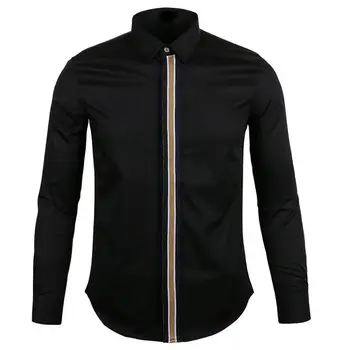 

New Spring Summer Men's Shirt Placket Ribbon Design Classic Black white and blue long sleeve men Fshion shirt M L XL 2XL 3XL