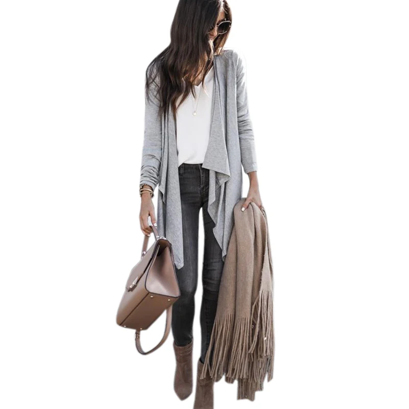 2018 Autumn Winter New Women Long Sleeve Knitted Sweater Casual Solid Scarf Collar Cardigans Sweaters Spring Grey Slim Fashion |