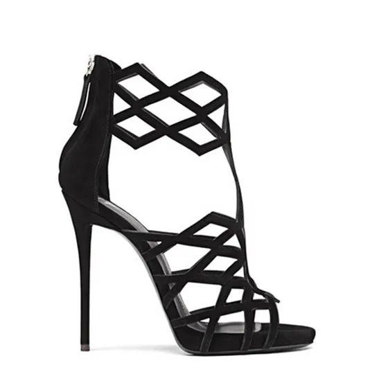 Classics Black Suede Women Sandals Stiletto High Heels Cut Outs Caged Gladiator Sandals Women Boots Shoes Woman Sandalias Mujer  (1)