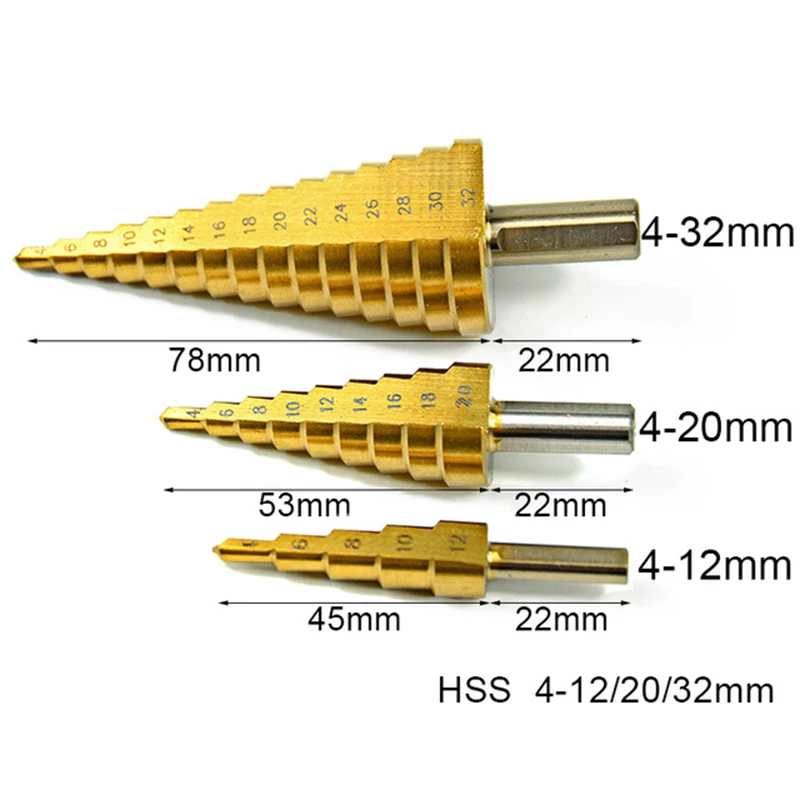 

SWDPORT 3PCS 4-12/20/32mm Metric Spiral Flute Pagoda Shape Hole Cutter HSS Steel Cone Drill Bit Set HSS Steel Step Sharpening
