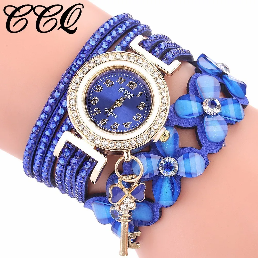 Модные женские часы-браслет, стразы, роскошный кожаный цветок, кристалл, кварцевые часы CCQ, брендовые, Relogio Feminino - Цвет: blue