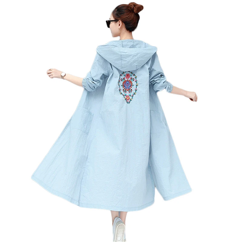 

2019 New Summer Women Coat Thin Hooded Female windbreaker Loose Cardigan Long Trench Coat Embroidery Flower Outerwear L298