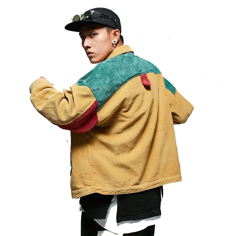 New 2017 Color Block Patchwork Corduroy Jackets Mens Hip Hop Casual