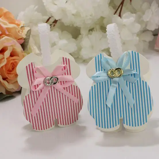

60pcs Pink / Blue Striped Overalls Handbag Baby Shower Candy Box Bomboniera Baby Baptism Birthday Party Gift Boxes Chocolate Box