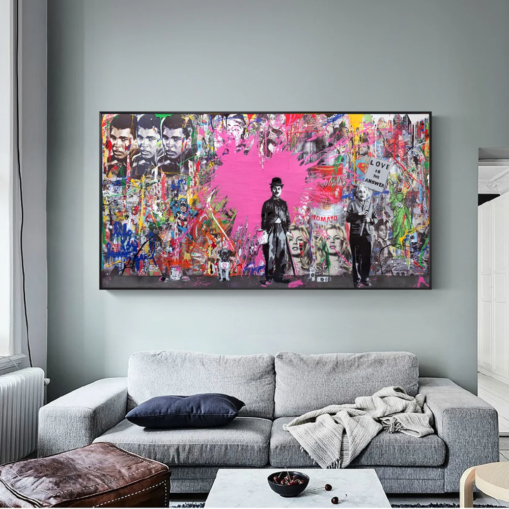 

Street Wall Graffiti Canvas Art Prints Lover Is Answer Pop Art Paintings Home Decor Einstein Chaplin Portrait Cuadros Pictures