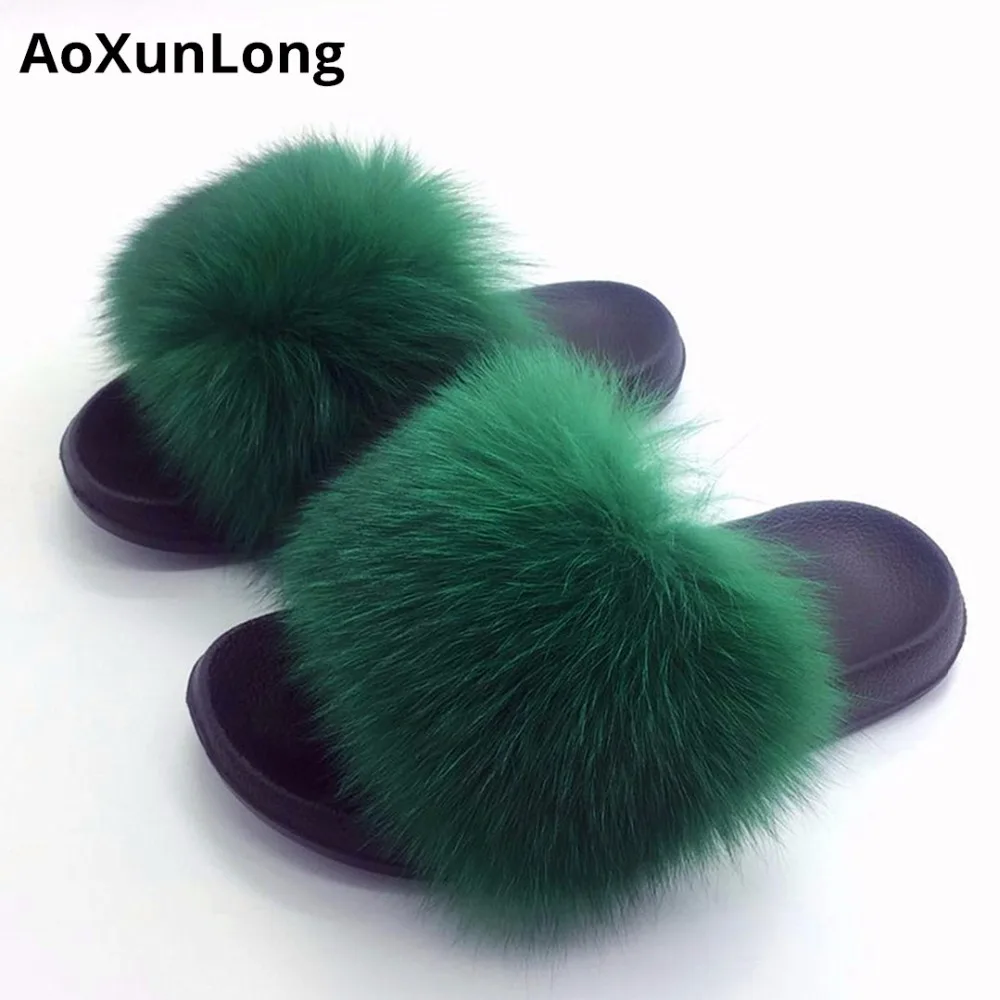

Women Big Size Fur Slippers Women Indoor Furry Slippers Unisex 36-45 Summer Fox Fur Slides Women Fashion Green Fox Hair Slippers