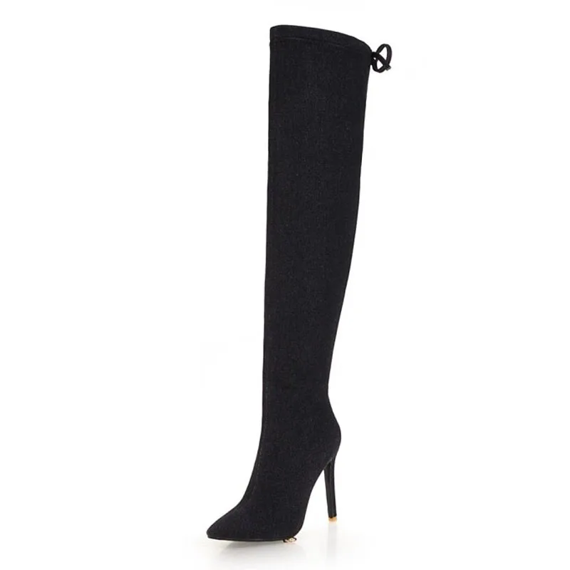 Longues Bottes blue Over À De Pointu Plus Ver Mince Zip Polaires Talons up Blue L'intérieur Femmes La Denim Light Hiver Mode Bout Taille genou Haute the Dentelle black Chaussures MSULqVpGz