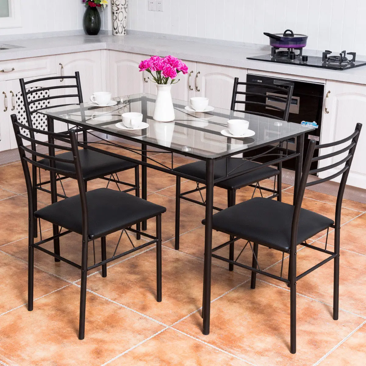 Giantex 5PC Dining Set Modern Dining Room Tempered Glass Top Table & 4 Upholstered Dining Chairs Kitchen Furniture HW56030