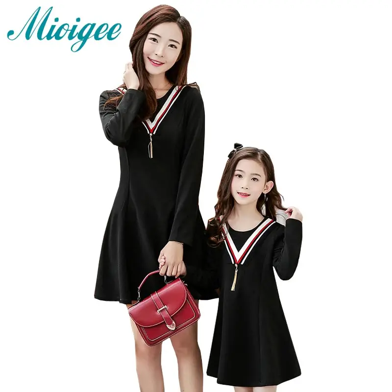 

2017 new Family Matching Outfits Mother Daughter Dresses Clothes Long Sleeve black and red vestidos mother and daughter clothes