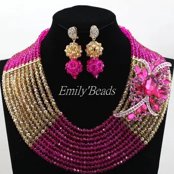 

Hot Fuchsia Pink Nigerian Wedding Indian Bridal Necklace Jewelry Sets African Costume Necklace Earrings Set Free Shipping ALJ406