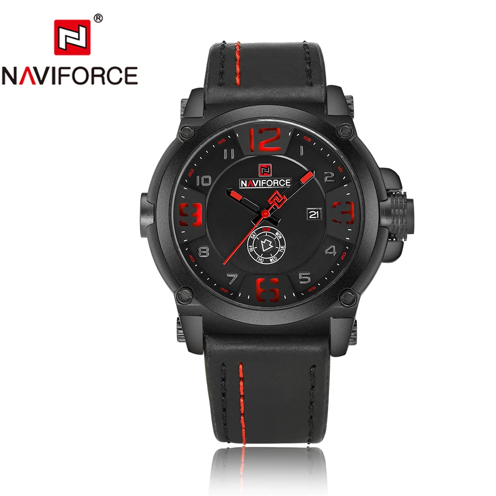 NAVIFORCE Топ люксовый бренд мужские спортивные военные кварцевые часы Мужские Аналоговые часы с датой Кожаный ремешок наручные часы Relogio Masculino - Цвет: black red