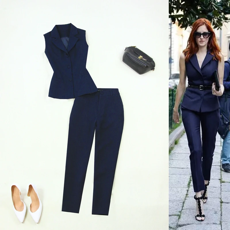 

Fashion large size women's spring and summer new Tibetan blue suit collar Slim OL vest +9 points pants set Women's suit