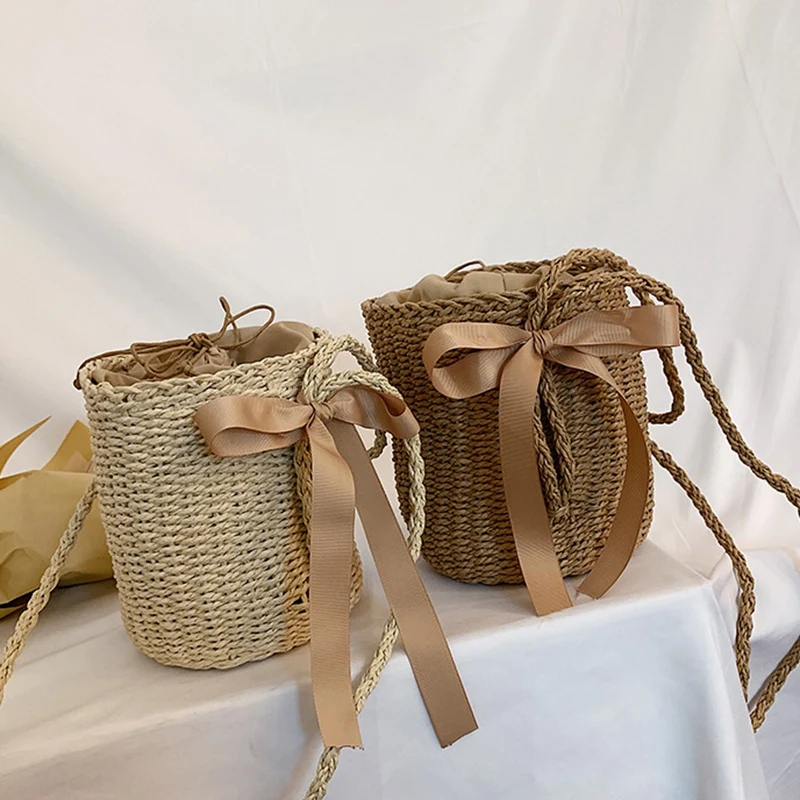 

Casual Silk Scarf Small Bucket Straw Bag Fashion Trend Single Shoulder Slung Woven Bag Beach Bag Female Messenger Bag