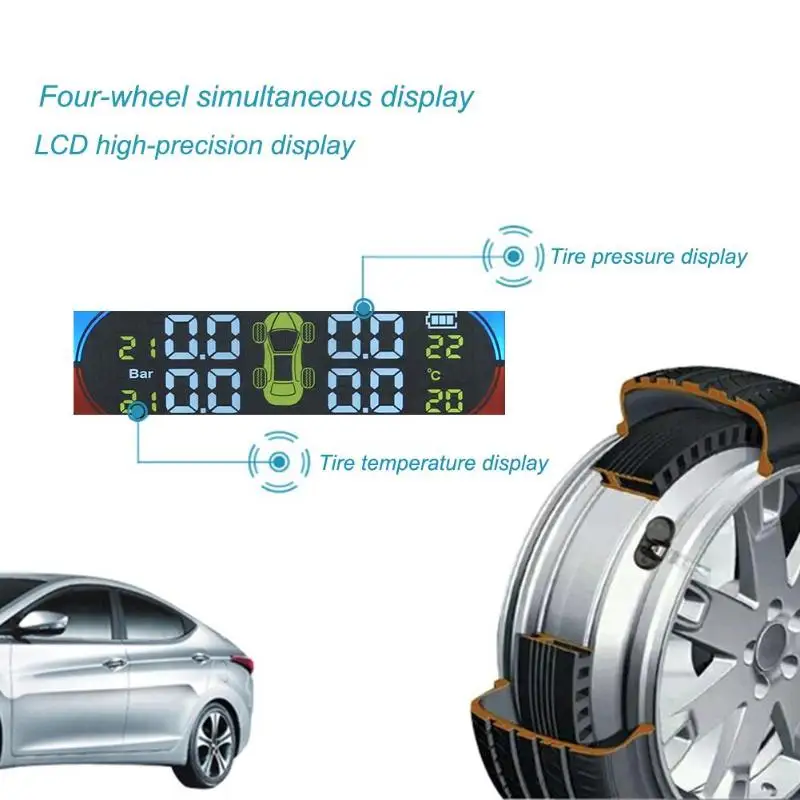 Автомобильная система контроля давления в шинах TPMS, цифровой ЖК Предупреждение о температуре в шинах, беспроводная система с 4 сенсорными разъемами