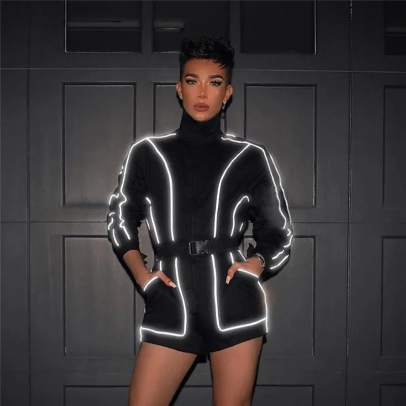 

Autumn Ladies Casual Jumpsuit Women 2019 Long Sleeve Reflective Shorts Overalls Black Playsuit Sexy Club Rompers Womens Jumpsuit