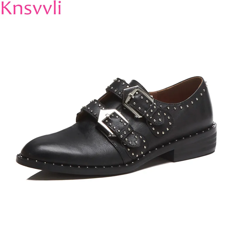 

British Style Rivets Susanna Studded Leather Shoes Women Belt Buckle Strap Round Toe Black White Flat Casual Derby Shoes Woman