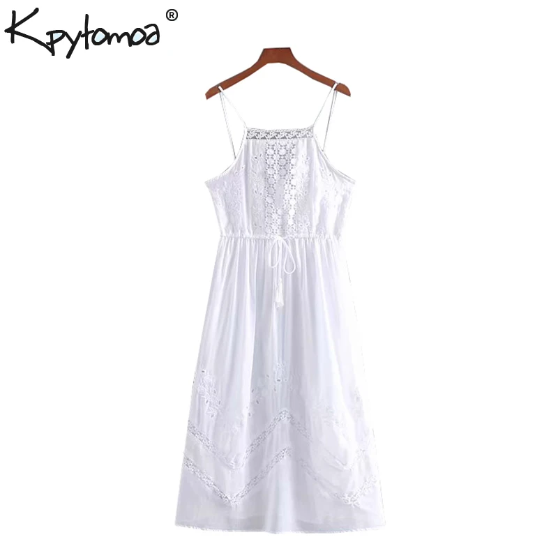 

Vintage Sweet Floral Embroidery Tassel Midi Dress Women 2019 Fashion Backless Hollow Out Strap Dresses Casual Vestidos Mujer