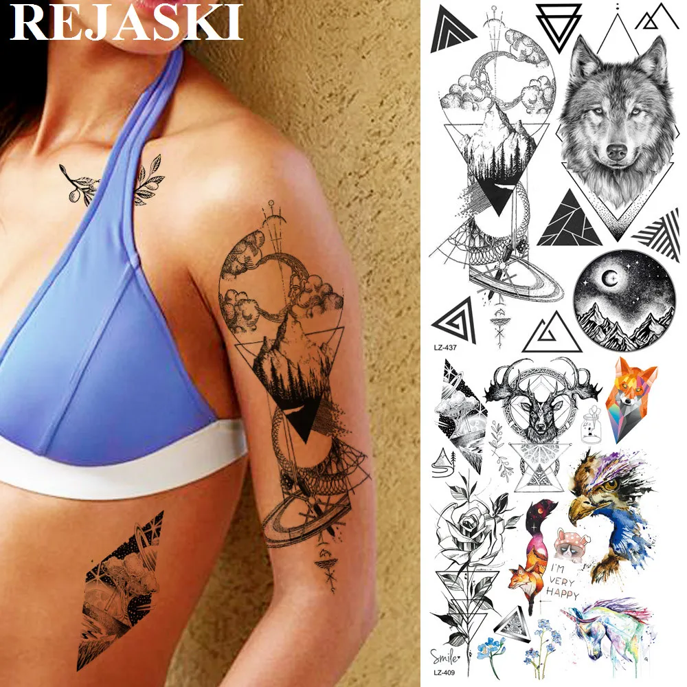 

REJASKI Geometric Wolf Diamond Mountain Temporary Tattoos For Women Men Sticker Triangle Fake Tatoos Black Art Custom Tattoo