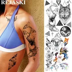 REJASKI геометрический волк Diamond Mountain Временные татуировки для женщин мужчин стикеры треугольники фальшивые татуировки черный книги по искус