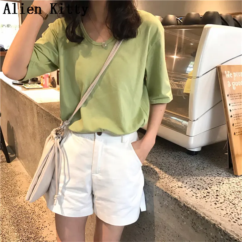 

Alien Kitty Hot Sale Summer Fashion Solid Simple Fresh Women Brief Casual All-Match Slim Loose Short Sleeves T-shirt 8 Colors