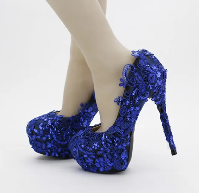 Navy blue lace flowers bridal shoes High with thin heel shoes wedding