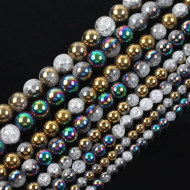 

15" Strand Cracked Crystal Stone Beads Plated Haft Blue/Golden/White K /Champagne Loose Beads For Jewelry Making 6-12mm