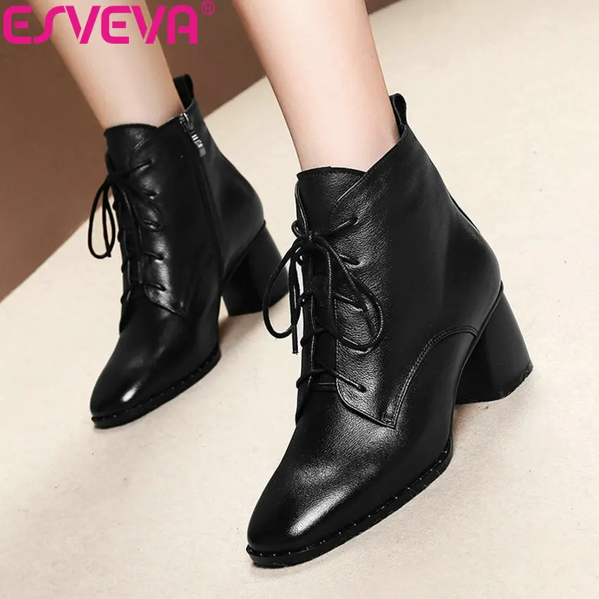 

ESVEVA 2019 Woman Chelsea Boots Lace Up Shoes Handmade Square Toe High Heels Shoes Zip Fashion Winter Women Ankle Boots34-42