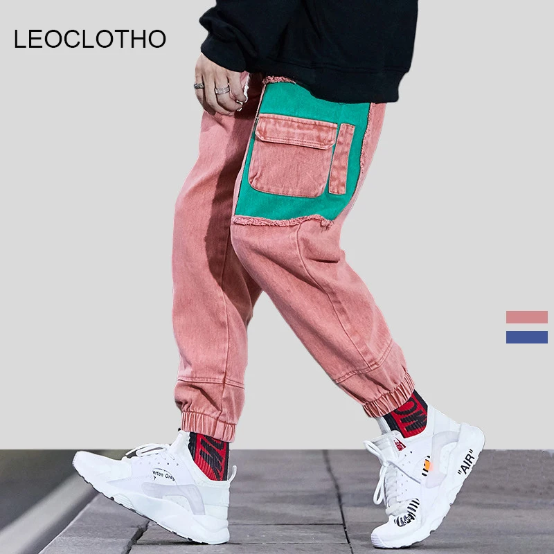 LEOCLOTHO Men Denim Pant Multi Pockets Trousers Harajuku Hip Hop Cargo Pant Jean Ripped Harem Pant Retro Streetwear Jeans