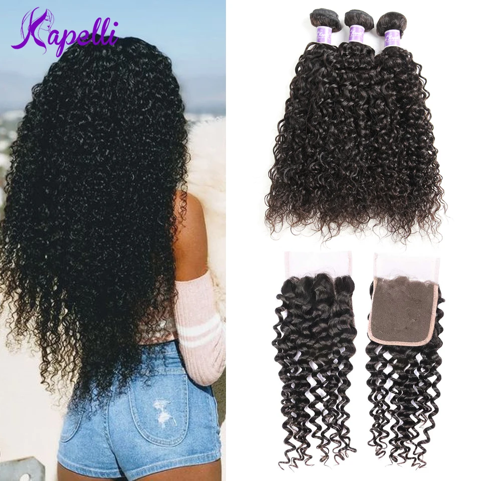 

Malaysian Kinky Curly Hair Bundles With Closure Human Hair Weave 3 Bundles With 4*4 Lace Closure Non Remy Hair Extension