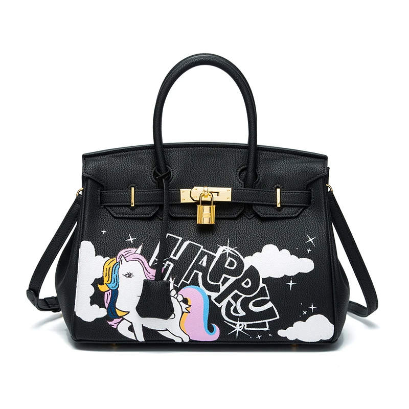 

Happy House Women's Cowhide Leather 25-50cm Graffiti Hand Painting Travel bag Cute DIY Cartoon Handbags Real learher Ladies gift