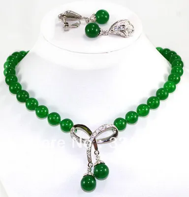 

Noblest 10mm green jade wedding necklace 18" +18KGP pendant earring set