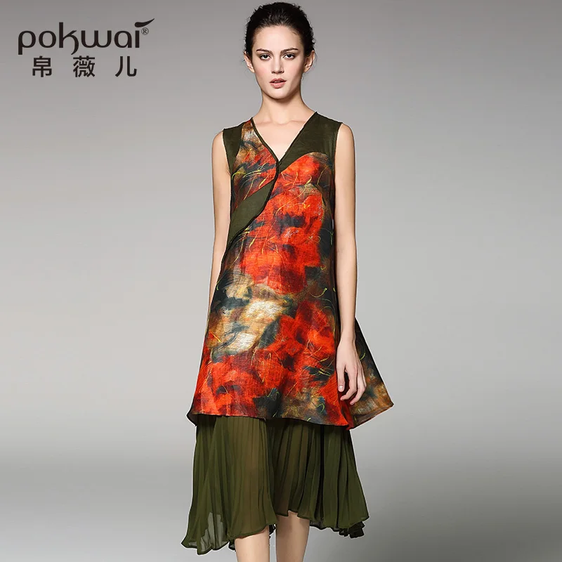 POKWAI Elegant Midi Vintage Summer Silk Linen Dress Women Luxury Brand