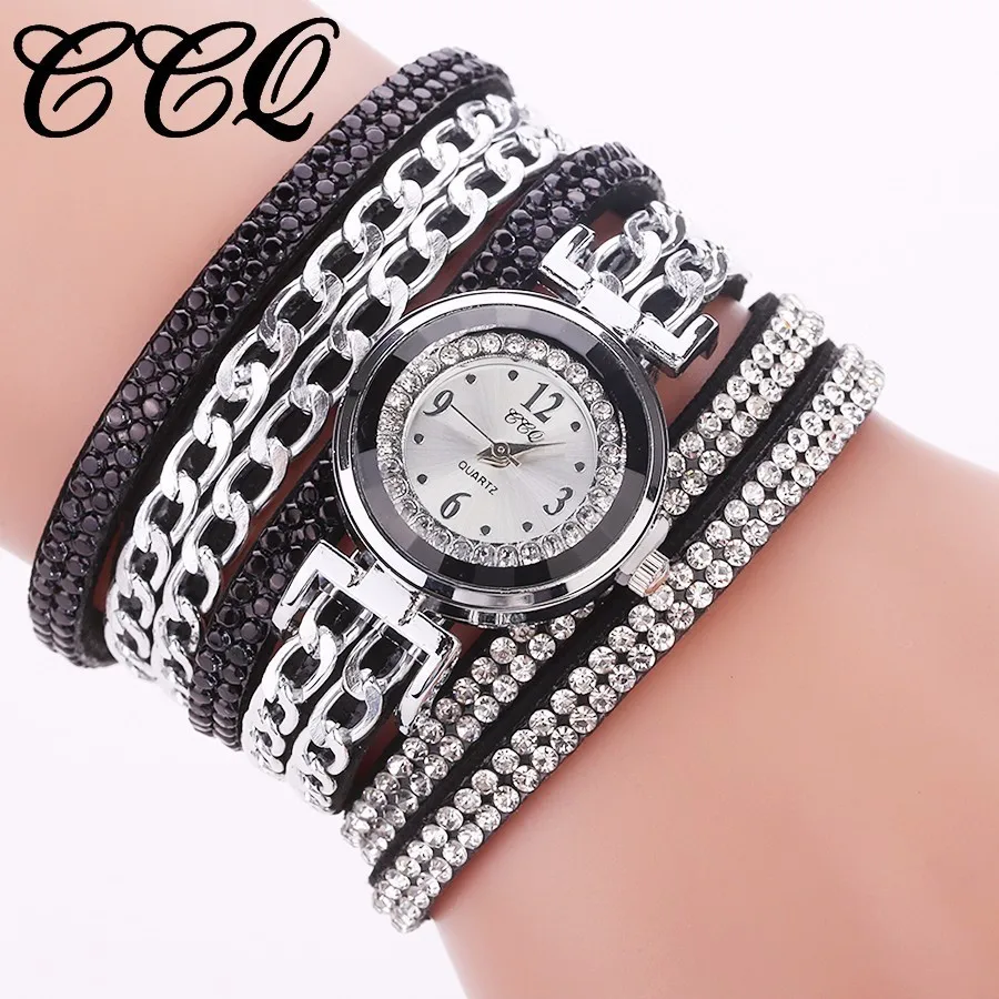 

CCQ Brand Women Fashion Chain Leather Bracelet Quartz Wristwatches Crystal Ladies Rhinestone Watches Ladies Relogio Feminino