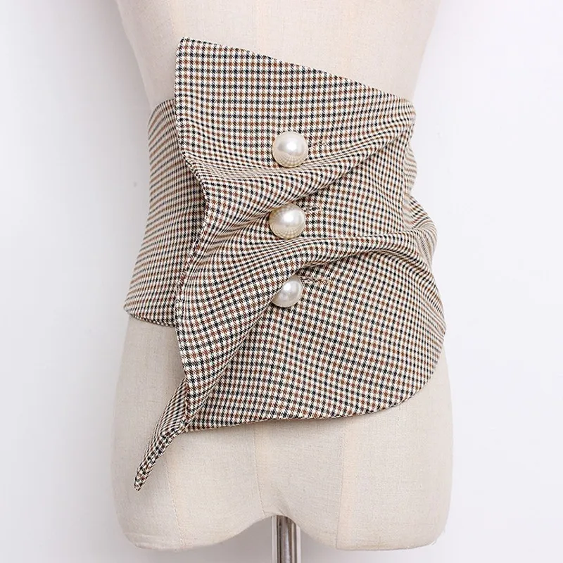 

LANMREM 2019 Elastic Wide Girdle Pearl Button Folds Irregular Cummerbunds New Fashion All-match Female's Cloth Accessories YG413