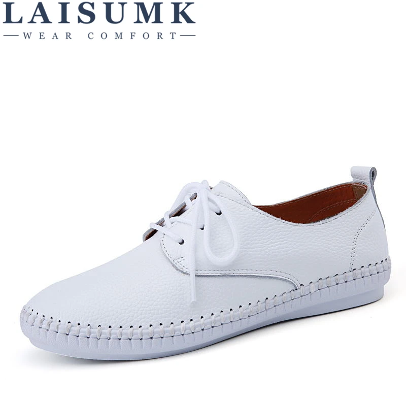 

LAISUMK Summer Women Espadrilles Ballet Flats Shoes Leather Lace-Up Soft Comfortable Ladies Casual Shoes Peach White Black