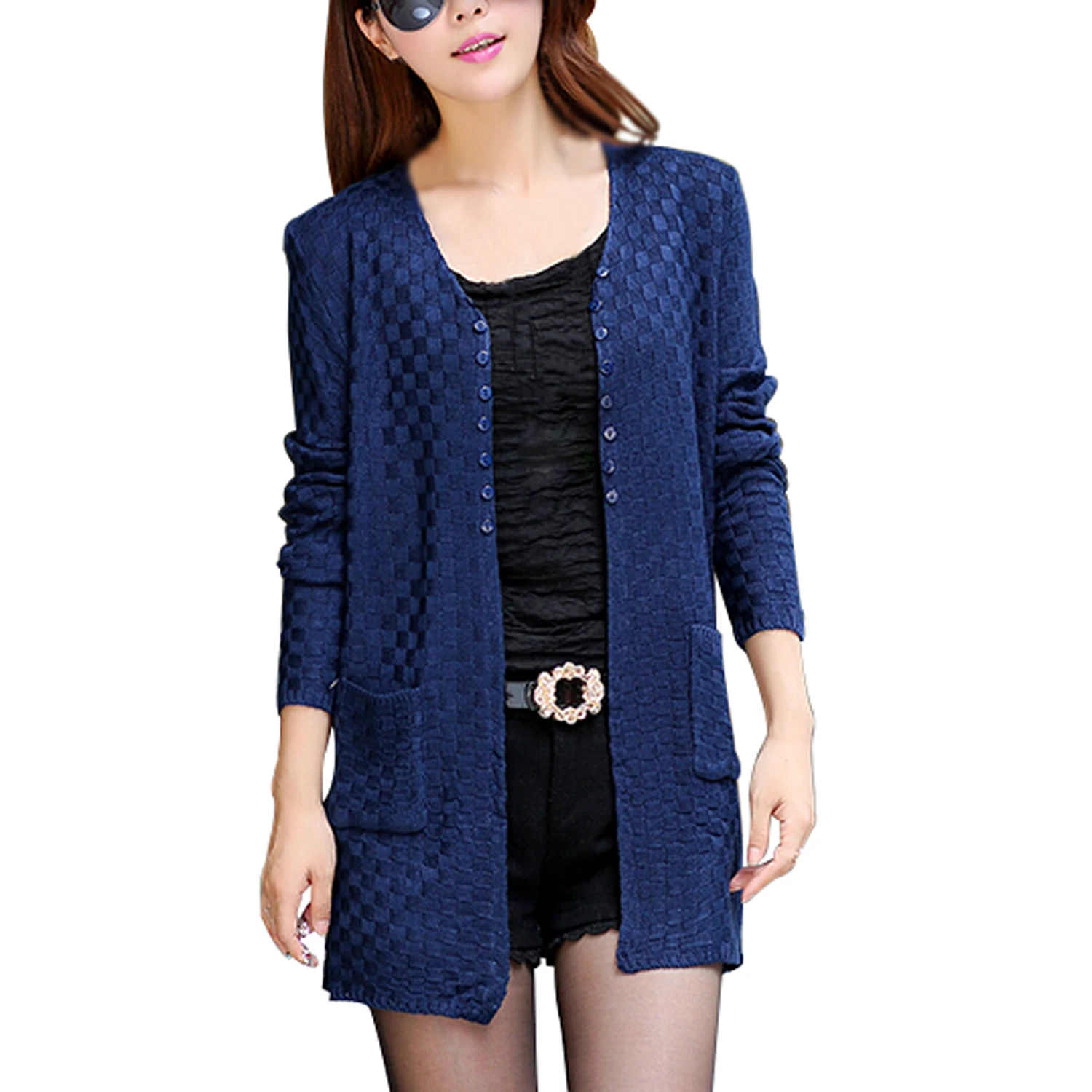 

Women Sweater Long Cardigan Fashion Long Sleeve Thin Knitted Cardigan Female Sweaters Dark Blue