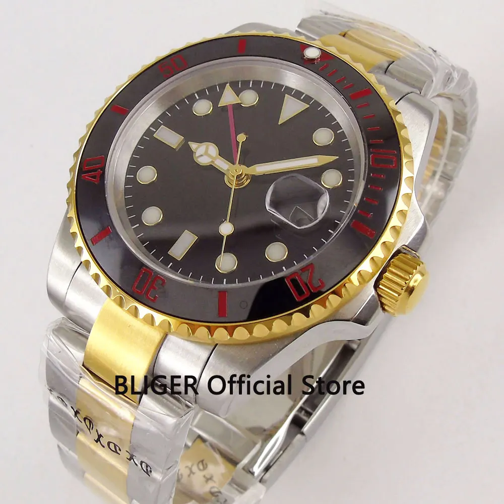 

BLIGER 40mm Nologo Dial Men's Watch Golden Plated Black Ceramic Bezel GMT Function Luminous Marks Automatic Movement Wristwatch